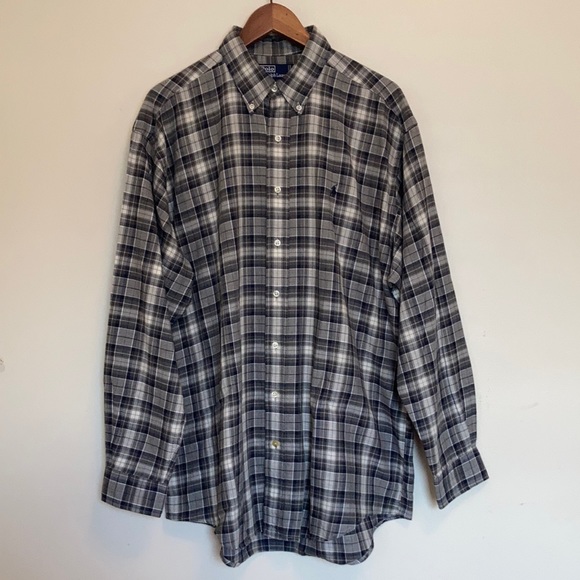 Vintage Polo by Ralph Lauren Grey Plaid Cotton Flannel Shirt Size Large - Picture 2 of 10